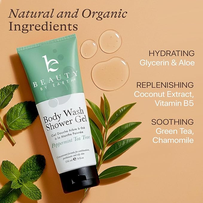 Beauty by Earth Peppermint Tea Tree Oil Shower Gel Body Wash - Made in USA with Organic & Natural Ingredients, Mens Body Soap Liquid, Moisturizing Cleansing Gel for Men & Women, Non Toxic Body Wash