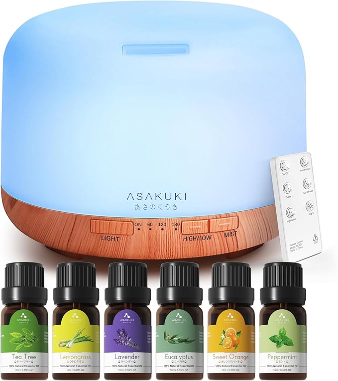 ASAKUKI Oil Diffuser with Essential Oils Set, 500ml Aromatherapy Humidifier with 14 LED Colors & Auto Shut-Off - 6 Oil Gift Pack(Lavender Eucalyptus Tea Tree Orange Peppermint Lemongrass)