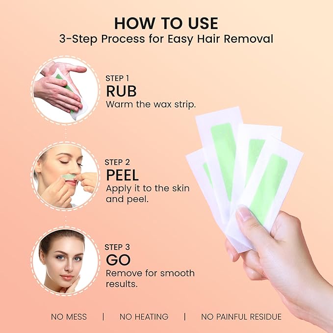 Facial Wax Strips for Hair Removal: Fast Working and Gentle for Face, Eyebrow, Upper Lip, Chin - Hypoallergenic for All Skin Types 50 Waxing Strips with 5 Wipes