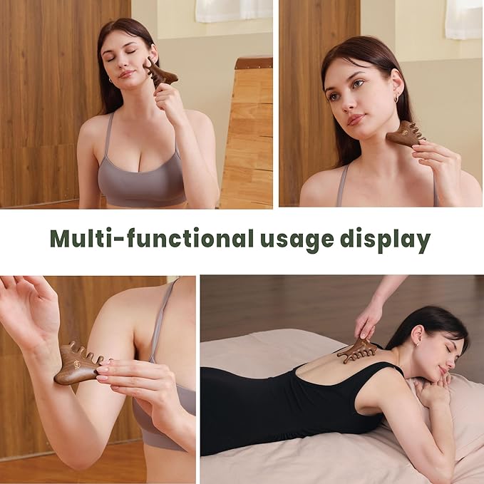 4 in 1 Gua Sha Tool & Hair Detangler Brush Set, Christmas Gifts for Women, Guasha Massager Tool for Face & Body, Eyes Care, Lymphatic Drainage, jawline Shaper, Wooden Scalp Neck Massager