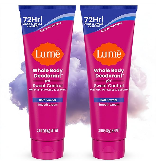 Lume Whole Body Deodorant Plus Sweat Control - Smooth Cream Tube - 72 Hour Odor And Sweat Control - Baking Soda Free, Skin Loving - 3.0 ounce (Pack of 2) (Soft Powder)