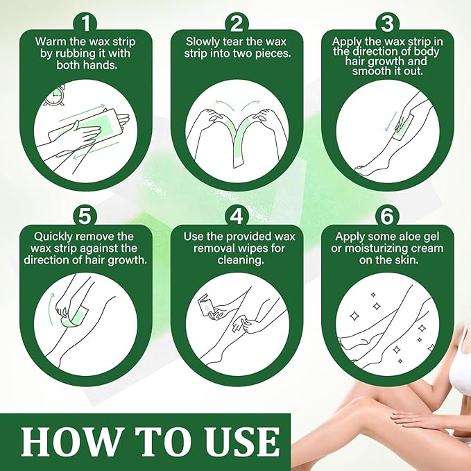 Wax Strips For Hair Removal, Waxing Kit For Women, Wax strips, Hypoallergenic, Facial Hair Removal for Women And Men, Waxing Hair Removeal Kit with 80 PCS + 4 Calming Oil Wipes(Green, Pack of 80)