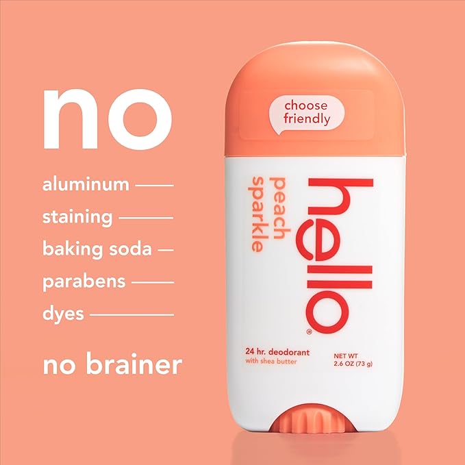 Hello Peach Aluminum Free Deodorant for Women + Men, Natural Fragrance, Dermatologically tested, Baking Soda Free, Parabens Free, Dye Free, 24 Hour Odor Protection, (Pack of 2)