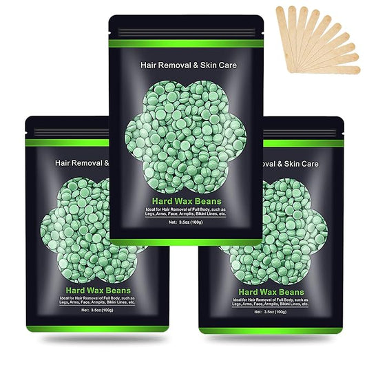 Wax Beads for Hair Removal 10.5oz (300g), Auperwel Hard Wax Beads Beans for Sensitive Skin Brazilian Waxing, Face, Bikini, Eyebrow, Legs, Painless for Women Men, 3 packs Kit with 10 Sticks