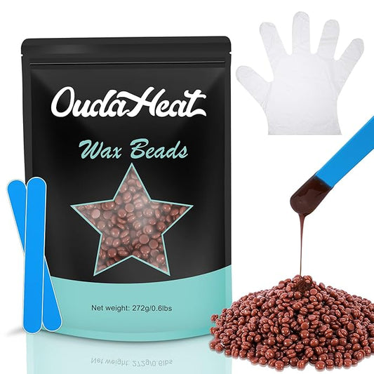 Wax Beads, 0.6lb Wax Beans for Hair Removal Sensitive Skin, Brazilian Coarse Waxing for Face, Bikini, Eyebrow, Back, Chest, Legs, Armpit, Waxing Beads for Women Men, 3 Silicone Stick, Chocolate