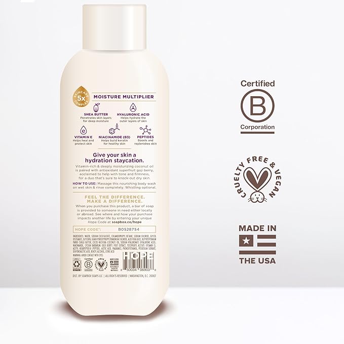 Soapbox Body Wash, Coconut & Goji Berry Liquid Body Wash, Moisturizing Soap with Shea Butter, Vegan Duo Pack of 2 Soap Bottles, 20oz Each