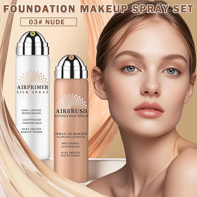 Air Brush Makeup Foundation Spray and Primer for Face Before Makeup,Silk Airbrush Flawless Setting Spray,Waterproof,with Brush and 2 Powder Puffs (03 Nude)