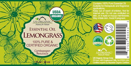 US Organic 100% Pure Lemongrass Essential Oil, USDA Certified Organic, Extracted by Steam Distillation Method, for Hair, Nail Polish Remover, Bees Attraction, and More. 30 ml