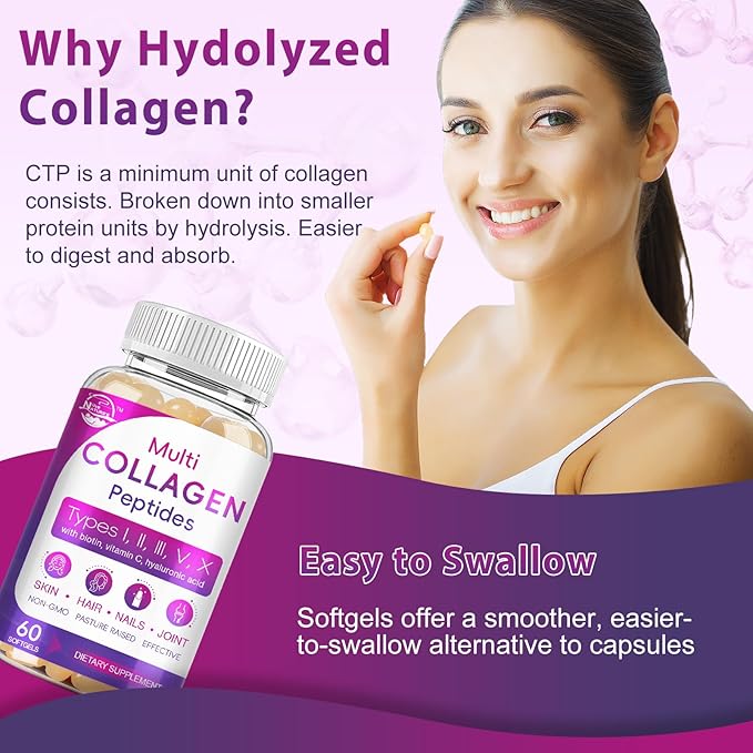 Multi Collagen Peptides Softgel - Type I, II, III, V, X - Hydrolyzed Collagen Peptides with Biotin, Vitamin C, Hyaluronic Acid, Supports Skin Hair Nail, Grass-Fed, Non-GMO, 60 Softgel, 3 Pack