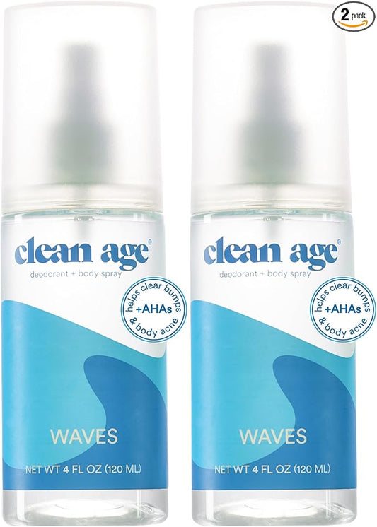 Aluminum Free Deodorant & Body Spray for Whole Body - Waves 4oz (2 Pack) Clean Deodorant and Body Spray for Teen Boys and Girls - With AHA For Body Acne - Body Spray for Teens Formula