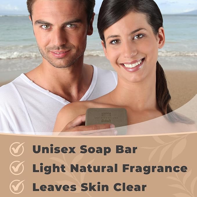 One With Nature Dead Sea Mineral Mud Soap Bar, 7 oz, Fragrance Free, Shea Butter, Argan Oil, Magnesium, Sulfur, 21 Minerals, Soothes Skin, Exfoliates