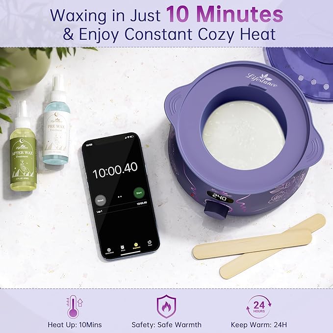 Lifestance Waxing Kit for Women & Men - L3 Amethyst Trace Digital Warmer, Silicone Wax Pot Liner, Hair Removal with 14.1oz Hard Wax Beads & Oil Spray, Professional for Home Brazilian Bikini Face Leg