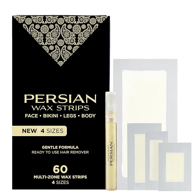 Persian Multi-Zone Wax Strips | 4 Sizes, 60 Strips | Pre-Lined for Face, Legs, Body, Bikini & Underarms | Hair Removal Waxing Kit with Aftercare Oil | Easy, Ready-to-Use | All-Natural Ingredients