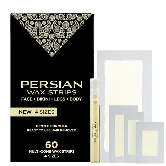Persian Multi-Zone Wax Strips | 4 Sizes, 60 Strips | Pre-Lined for Face, Legs, Body, Bikini & Underarms | Hair Removal Waxing Kit with Aftercare Oil | Easy, Ready-to-Use | All-Natural Ingredients