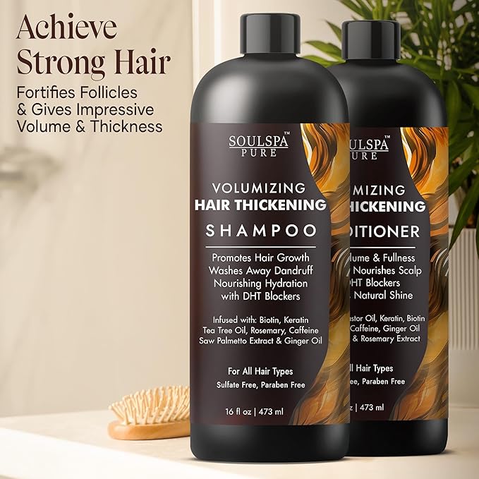 Hair Thickening Shampoo and Conditioner Set - Volumizing & Growth Support with DHT Blockers, Biotin, Keratin, Tea Tree Oil, Caffeine, Saw Palmetto Extract - Men & Women - 16 fl oz Each