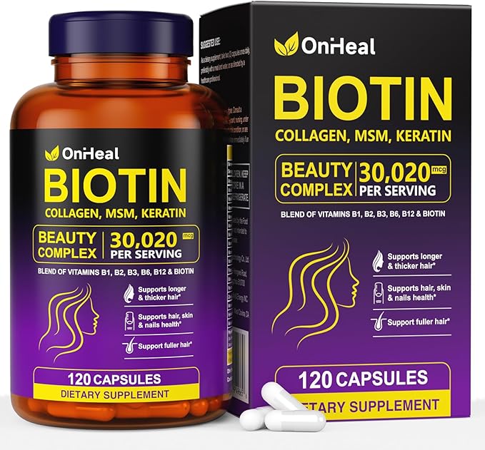 Biotin, Collagen, Hyaluronic Acid and Keratin Complex OnHeal Hair Regrowth Vitamin 30020mg - 120 Capsules for Thick Hair, Moisturized Skin, Strong Nails