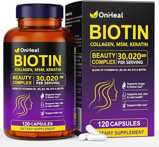 Biotin, Collagen, Hyaluronic Acid and Keratin Complex OnHeal Hair Regrowth Vitamin 30020mg - 120 Capsules for Thick Hair, Moisturized Skin, Strong Nails