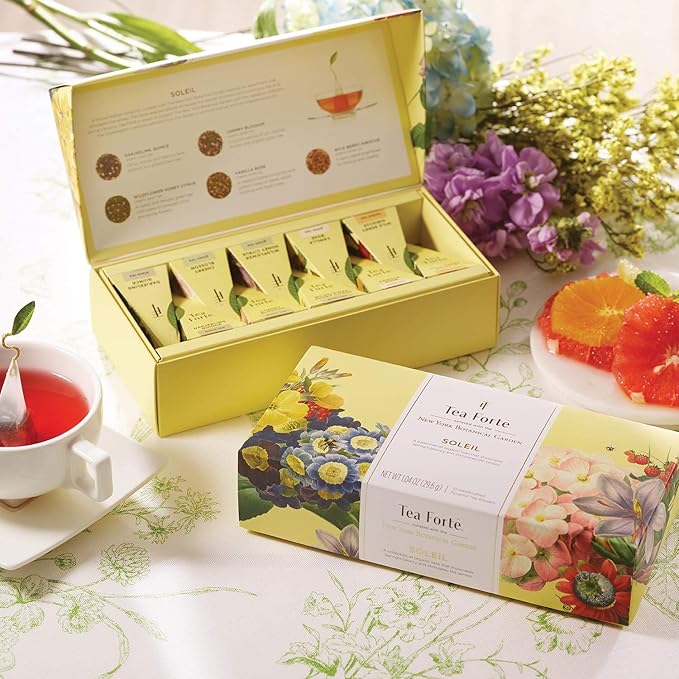 Tea Forte Soleil Petite Presentation Box Tea Gift Set Sampler, 10 Count, 2 of Each Variety Individually Wrapped Handcrafted Pyramid Infuser Bags