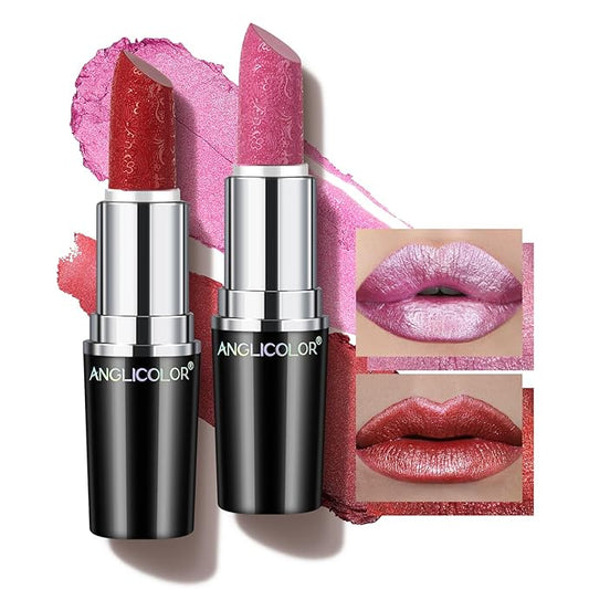 2pcs Red and Pink Glitter Lipstick,High Impact Lipcolor,Lightweight Hydrating Formula Smooth and Non-Sticky,Metallic Lipstick For Women,Full-Coverage Lip Color