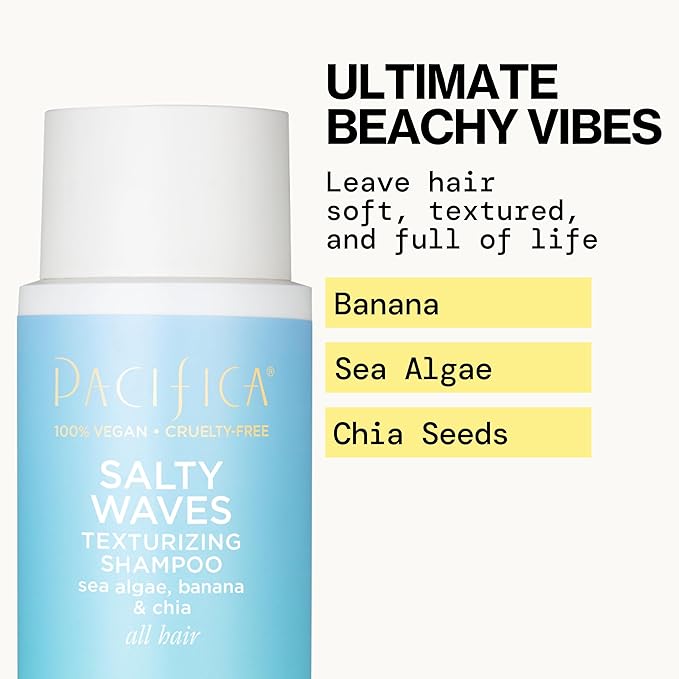 Pacifica Salty Waves Texturizing Shampoo - Beachy Textured, Messy Look, Hair Styles - Moisturizing Hair Care w/ Vitamin B & E - Banana Scent Clean Beauty Vegan & Cruelty-Free Dermatologist Tested