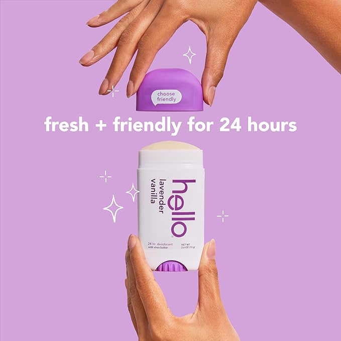 hello Lavender Vanilla Aluminum Free Deodorant for Women and Men with Shea Butter, 24-Hour Freshness, Baking Soda Free Deodorant, Dermatologically Tested, 2.6 oz Stick (2 Pack)