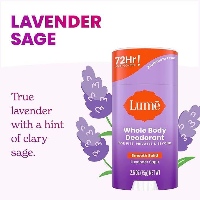 Lume Whole Body Deodorant - Smooth Solid Stick - 72 Hour Odor Control - Aluminum Free, Baking Soda Free and Skin Safe - 2.6 Ounce (Pack of 3) (Clean Tangerine, Lavender Sage, Unscented)