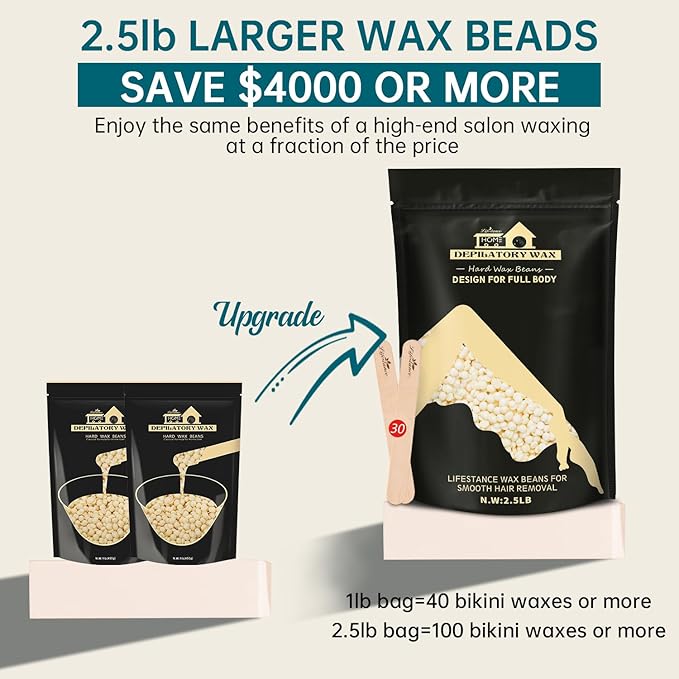 Lifestance 2.5lb Wax Beads Kit, Cream Hard Wax Beans For Hair Removal Eyebrow Face Underarm, Waxing for Brazilian Bikini Coarse Hair Women Men Large Pearl Beads Refill for Wax Pots