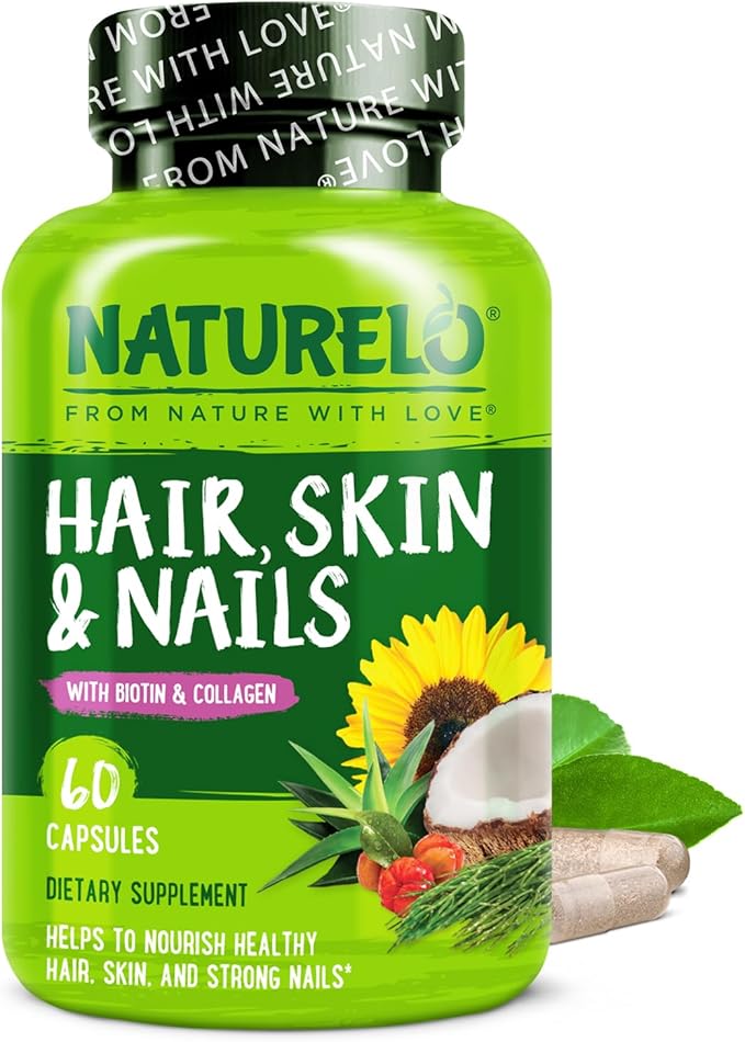 NATURELO Hair, Skin and Nails Multivitamin - 5000 mcg Biotin, Collagen, Natural Vitamin E - Supplement for Healthy Skin, Hair Growth for Women and Men – 60 Capsules