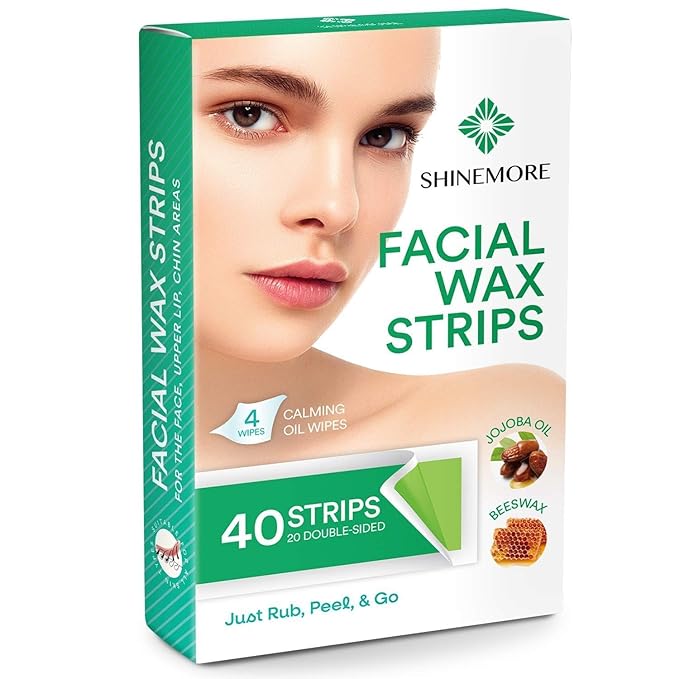 ShineMore Facial Wax Strips for Hair Removal - Hypoallergenic for All Skin Types - Gentle and Fast-Working for Face, Eyebrow, Upper Lip, and Chin (40 Strips + 4 Calming Oil Wipes NATURE Ingredients)