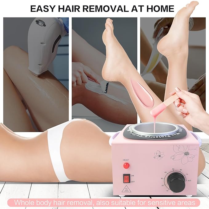 Portable Wax Warmer Machine for Painless Hair Removal, Women Men Professional Wax Heater with Adjustable Temperature Set, 20pcs Sticks (Pink - Single Pot)