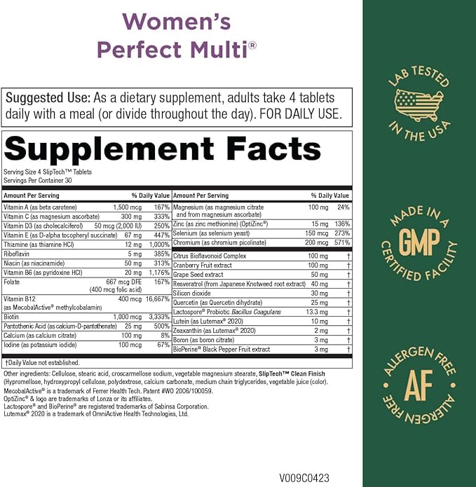 Purity Products Women’s Perfect Multi Balanced Multivitamin - Supports Urinary Tract Health, Immune, Bone + Muscle, Hair, Skin, Nails, an Elite Probiotic for Digestive Health + More - 120 Tablets