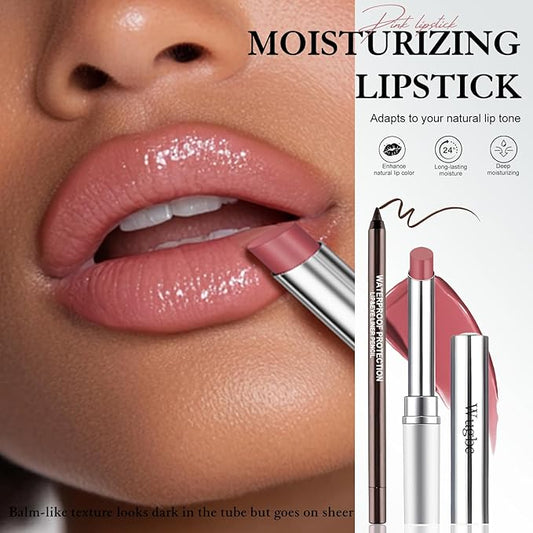 Tinted Lip Balm Brown Lip Liner Kit, Moisturizing High Shine Lip Liner and Lipstick Combo Set Lightweight Non-Sticky Pink Lip Care Balm for Dry Lips All Skin Tones
