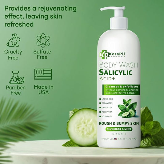 Exfoliating Body Wash with Salicylic Acid - No Dry Out, Gentle Exfoliates Rough and Bumpy Skin, Body Acne Wash, BHA & AHA - Cucumber and Mint Salicylic Acid Body Wash - (16 fl oz x 2)