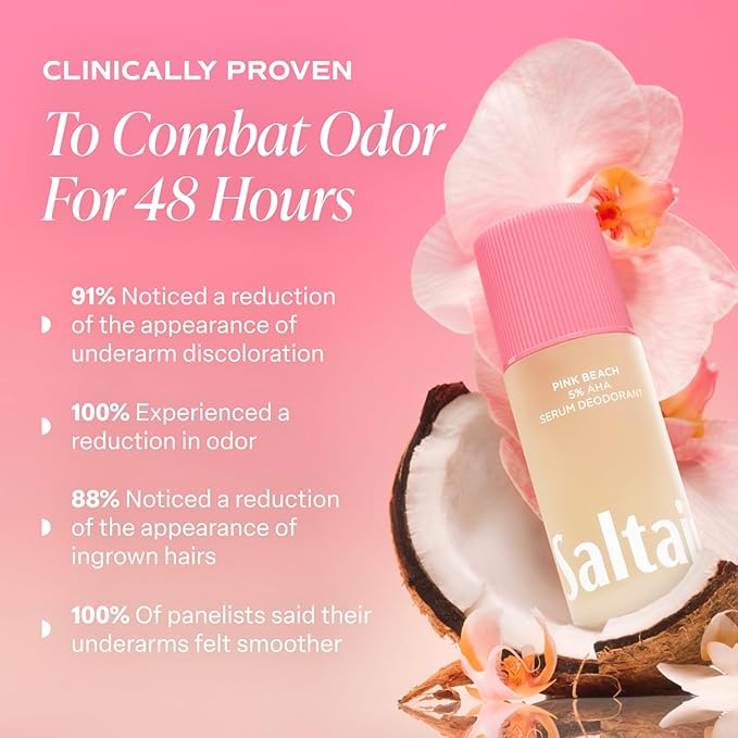 Saltair Serum Deodorant Pink Beach 2 Pack. 5% AHA Formula. Lactic Acid and Mandelic Acid Deodorant. Aluminum Free Odor Control for Women and Men. Travel Essentials, 2x 1.7oz Roll On