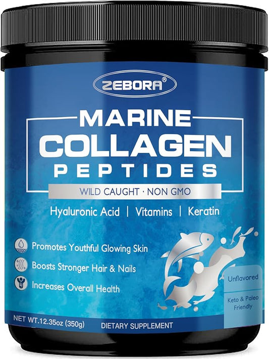 ZEBORA Marine Collagen Peptides Powder with Hyaluronic Acid, Keratin - Wild Caught Hydrolyzed Fish Collagen with Multivitamins - Support Skin Hair Nail, Keto Friendly, 35 Servings