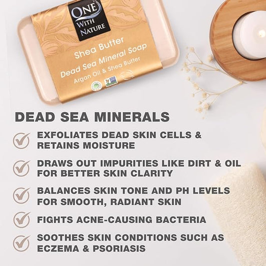 One With Nature Dead Sea Salt Shea Butter Soap 7oz 3-Pack – Purifying and Exfoliating Soap Bar with Dead Sea Minerals for Face & Body, for Men & Women