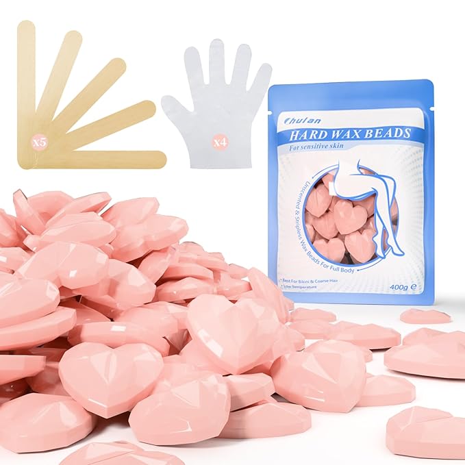 Chulan Hard Wax Beads, 400g Heart Hypoallergenic Wax Beans for Sensitive Skin, Unscented Waxing Bead for Coarse Hair Removal, Brazilian Waxing, Facial, Bikini, Legs, Armpits Women Home Pink