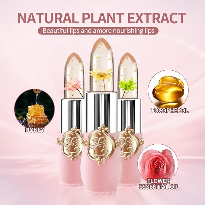 BestLand 3 Pcs/Set Flower Jelly Lipstick Set Temperature Change Moisturizer Long Lasting Nutritious Glossy Shine Lip Balm Magic Gold Crystal PH Color Change Lip Gloss for Women