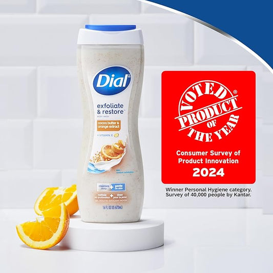 Dial Body Wash, Exfoliate & Restore Cocoa Butter & Orange Extract, 16 Fl Oz Pack of 4, With Vitamin E, Gentle, Leaves Skin Feeling Nourished, Dermatologist-Tested, No Parabens & Sulfates