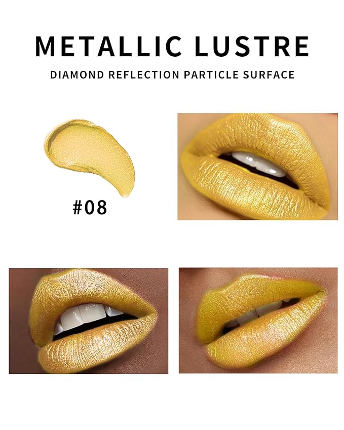 Gold Glitter Metallic Shimmer Lipstick Long Lasting, Diamond High Pigmented Metallic Matte Gold Lipstick, Non-Stick Lip Gloss, Transferproof Lip Color Lip Stick Makeup for Women-08
