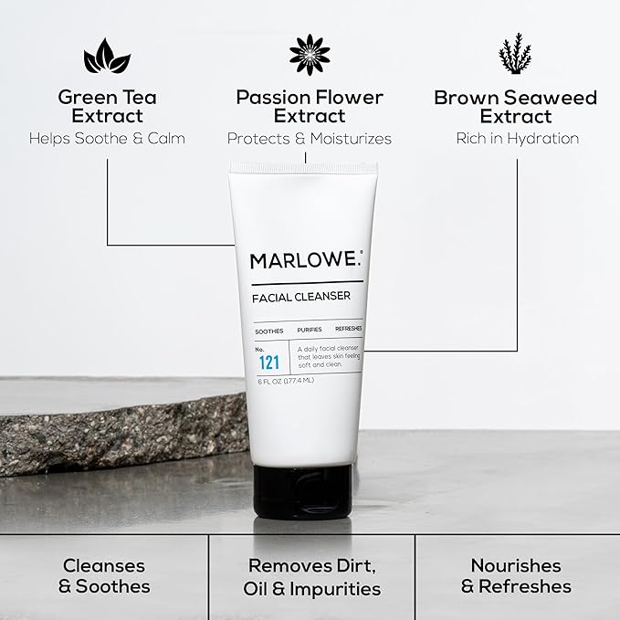 MARLOWE. No. 121 Facial Cleanser 6 oz, Daily Mens Face Wash with Natural Extracts & Antioxidants, Soothes, Purifies, Refreshes, Thick Lather, Fresh Woodsy Scent