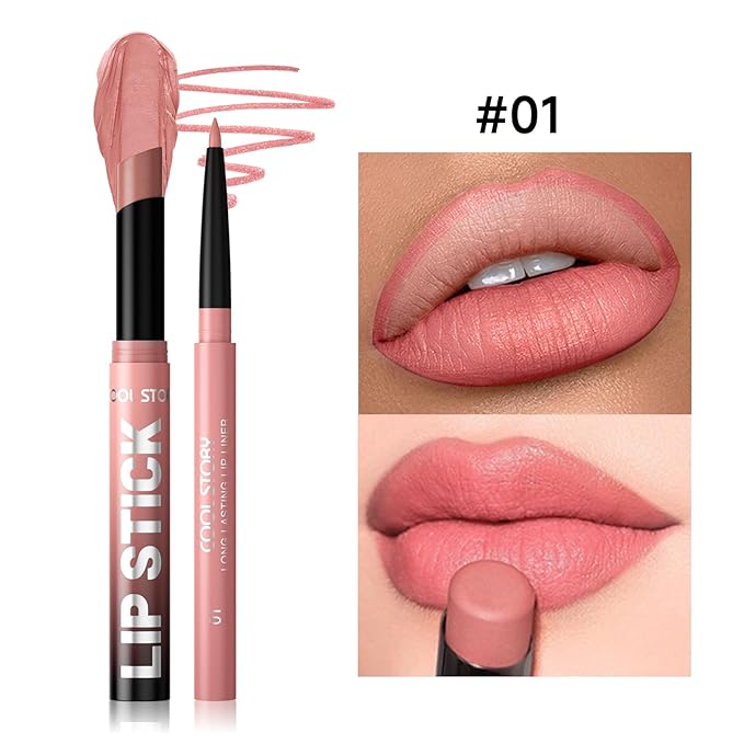 COOL STORY 2 Piece Lip Liner and Lipstick Set, Long Lasting Formula, Professional Makeup Kit (01)