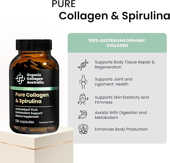 Organic Collagen Australia Pure Collagen & Spirulina Capsules – Antioxidant-Rich Supplement for Skin Elasticity, Joint Health, Metabolism Support & Energy (120 Capsules)