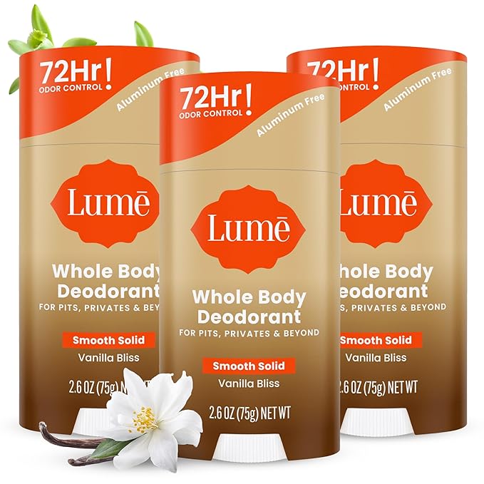 Lume Whole Body Deodorant - Smooth Solid Stick - 72 Hour Odor Control - Doctor Developed - Aluminum Free, Baking Soda Free and Skin Loving - 2.6 Ounce (Pack of 3) (Vanilla Bliss)