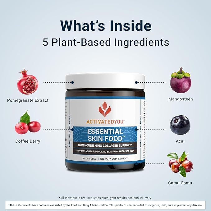 ACTIVATEDYOU Essential Skin Food - Plant Based Collagen Elastin Support Supplements for Women & Men - Supports Youthful Skin, Lysine & Dermaval for Collagen Production (3 Pack/90 Day Supply)
