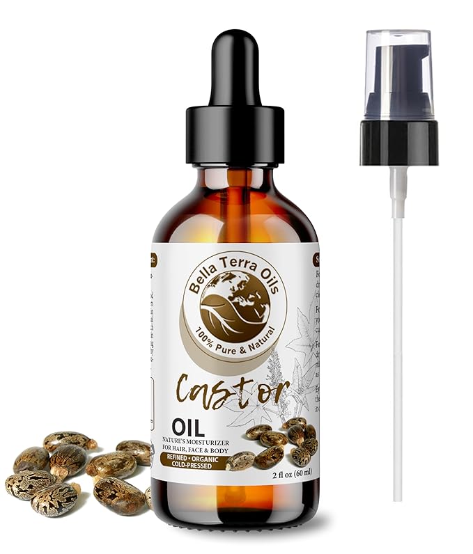 Bella Terra Oils - Organic Castor Oil 2oz Glass Bottle - Pure & Cold-Pressed, Rich in Stearic Acid for Skin & Hair Care
