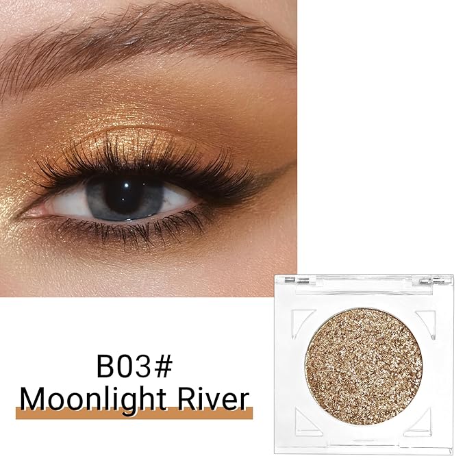Erinde Glitter Shimmer Sparkle Eye Shadow Palette Makeup, Champagne Shimmer Eyeshadow, Metallic Holographic Iridescent Cream Iridescent Single Monochrome Eyeshadow Makeup, 03 Moonlight River