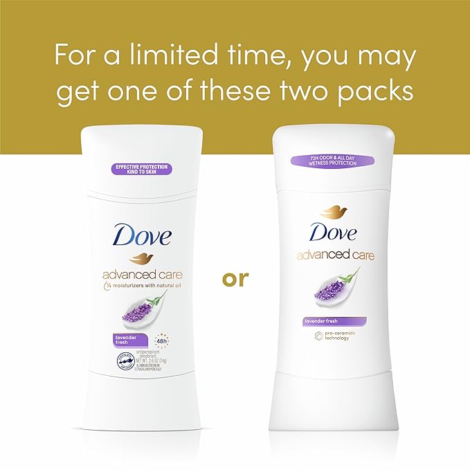 Dove Advanced Care Antiperspirant Deodorant Stick Lavender Fresh 4 ct for helping your skin barrier repair72 hr odor control and sweat protection for soft underarms with boosted ceramide levels 2.6 oz
