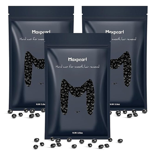 Maxpearl Hard Wax Beads, Pack of 3 Hair Removal Wax Beans Refill for Men & Coarse Hair - Brazilian Waxing, Underarms, Chest, Back, Legs and More 10.5oz (Black)