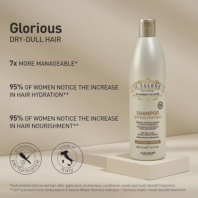 Il Salone Milano Glorious Moisturizing Shampoo for Dry Hair - Adds Shine and Softness to Dull Hair - Repairs and Protects - Professional Hydrating Shampoo - Made in Italy - Vegan (16.9 oz / 500ml)